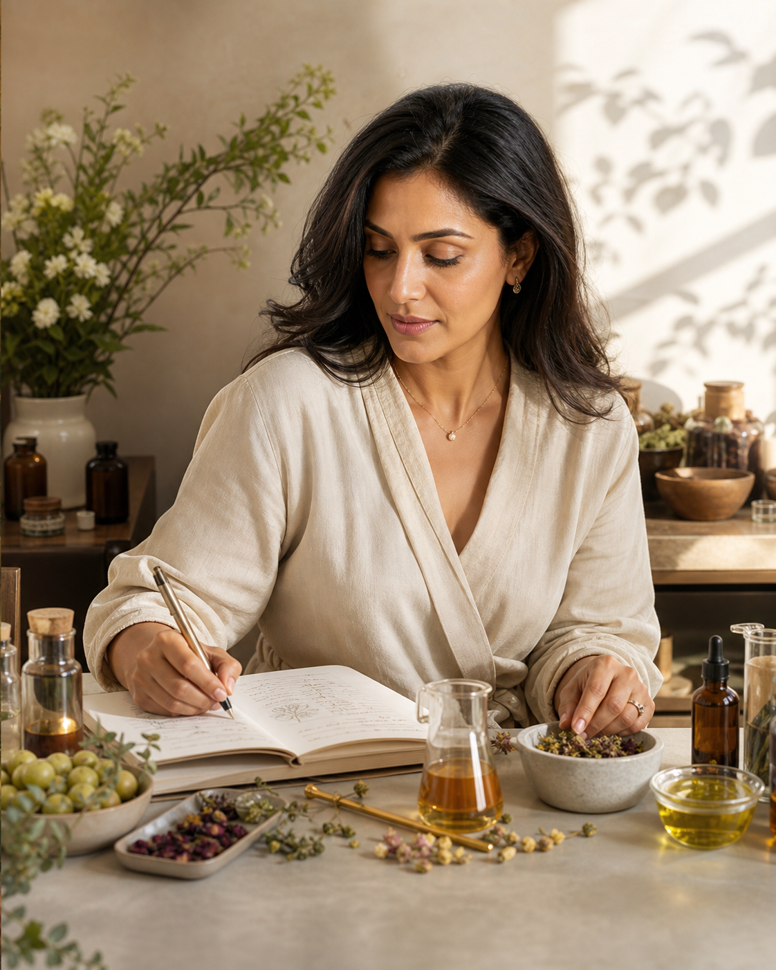 Founder reviewing Ayurvedic formulation notes